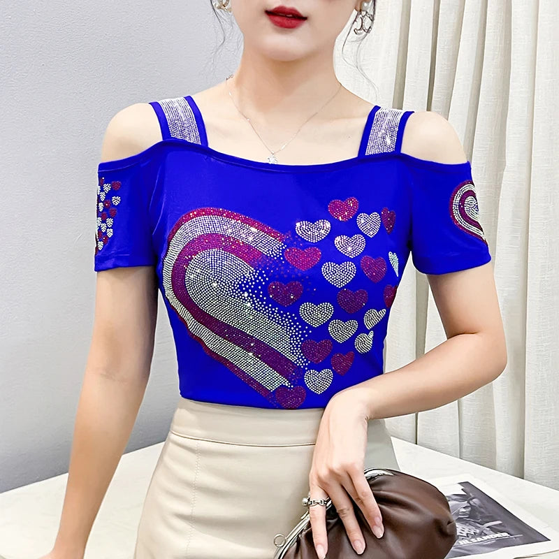 Women's Off-Shoulder Rhinestone Mesh Top