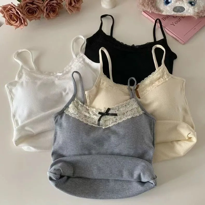 Sexy White Knit Camisole Lace Tank Top Cropped Vest Women's Sleeveless Crop Tops with Chest Pad Y2k Cute Summer Slim Undershirt
