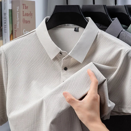 Men's Textured Polo Shirt - Solid Lapel, Breathable Office Casual