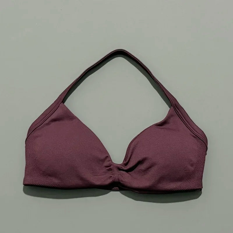 HISTELLO Strappy Bra Gym Top Women High Support Thin Strap Halter Sports Seamless Bras Scrunch Push-up Workout Yoga Tank Tops