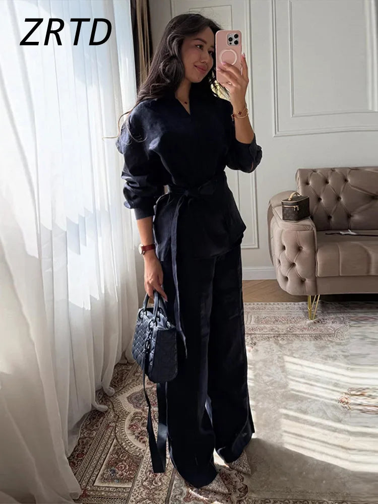 Linen Lace-Up Shirt & Wide-Leg Pants Set — Women's 2-Piece
