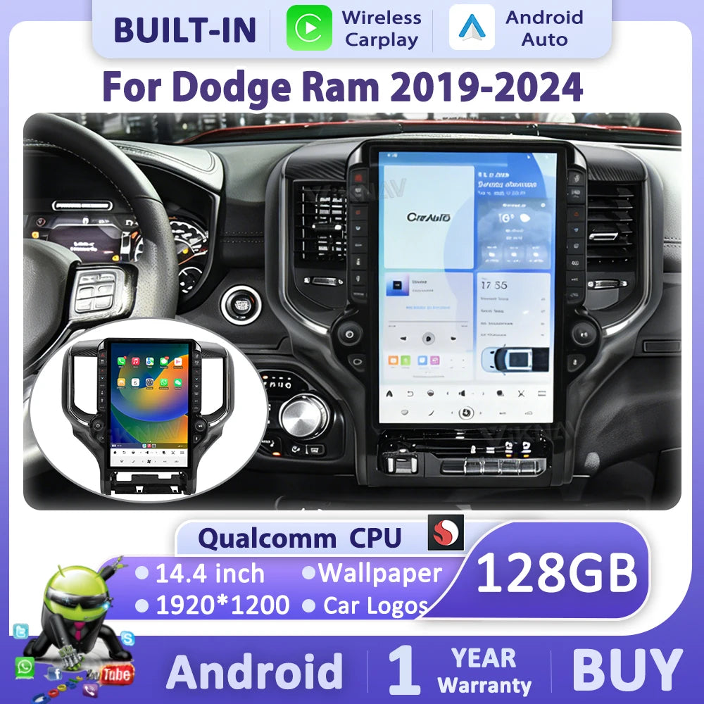 Android 14 Tesla-Style Touchscreen Head Unit for Dodge Ram 1500 (2019-2024)