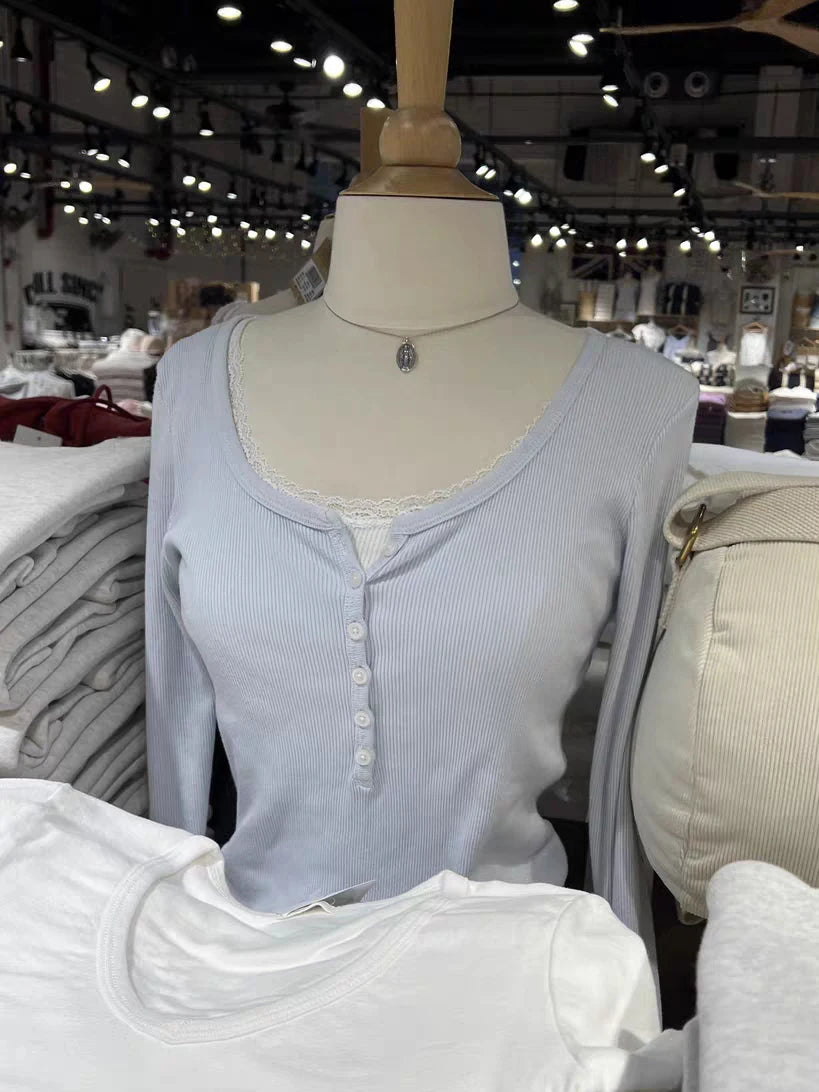 Women's Ribbed Long-Sleeve Top — Six-Button Slim Round-Neck Y2K Tee