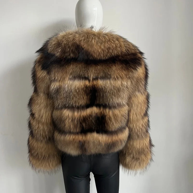 Women's Hooded Raccoon Fur Coat, Turn-Down Collar