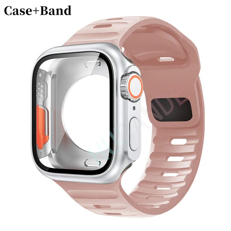 Silicone strap For Apple Watch 44mm 45mm 41mm 40mm Bracelet+Screen protectores Change to Ultra For iWatch Series 9 8 7 SE 6 5 3