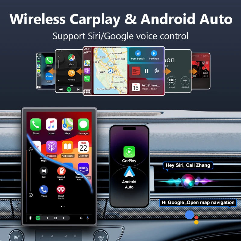 Universal 8 inch Portable Rotatable Car Screen Wireless Carplay Android Auto & WIFI Mirror Link Parking Rear Camera AUX Stereo