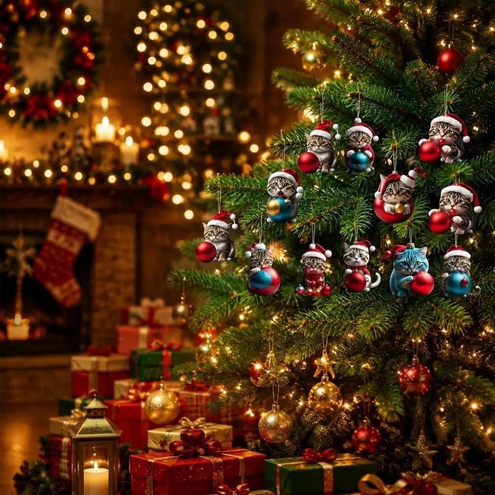 Cute Cat Christmas Tree Decorations 10PCS Acrylic Ornaments Santa Hat Animal Hanging Pendants Xmas Holiday Gifts Decor