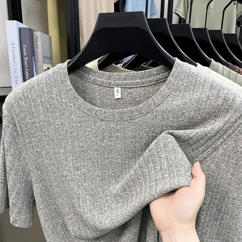 Men's Ribbed Knit Tee - O-Neck Stripe, Lightweight Breathable