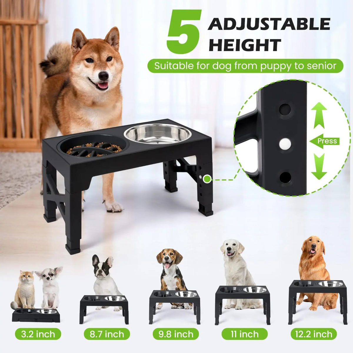 Adjustable Elevated Dog Feeder - Food & Water or Slow Bowl Option - photo 2