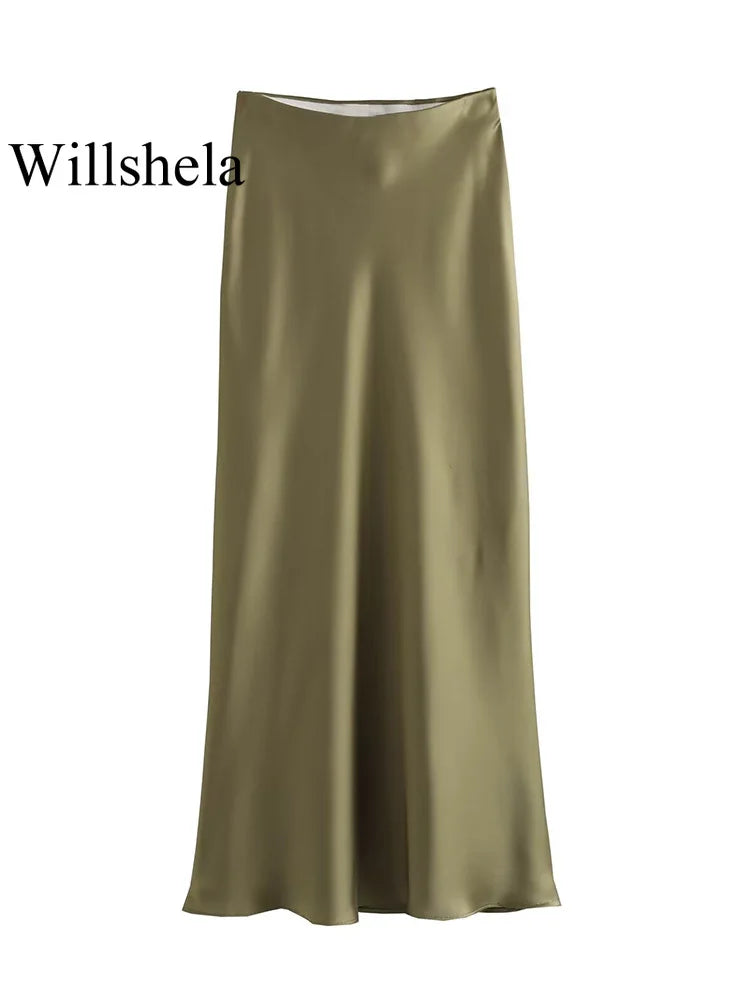 High-Waist Satin Midi Skirt – Elegant Office A-Line Skirt