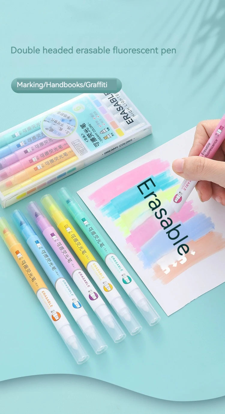 6pcs Erasable Highlighters Pastel Markers Dual Tip Fluorescent Pen for Art Drawing Doodling Marking School Office Stationery