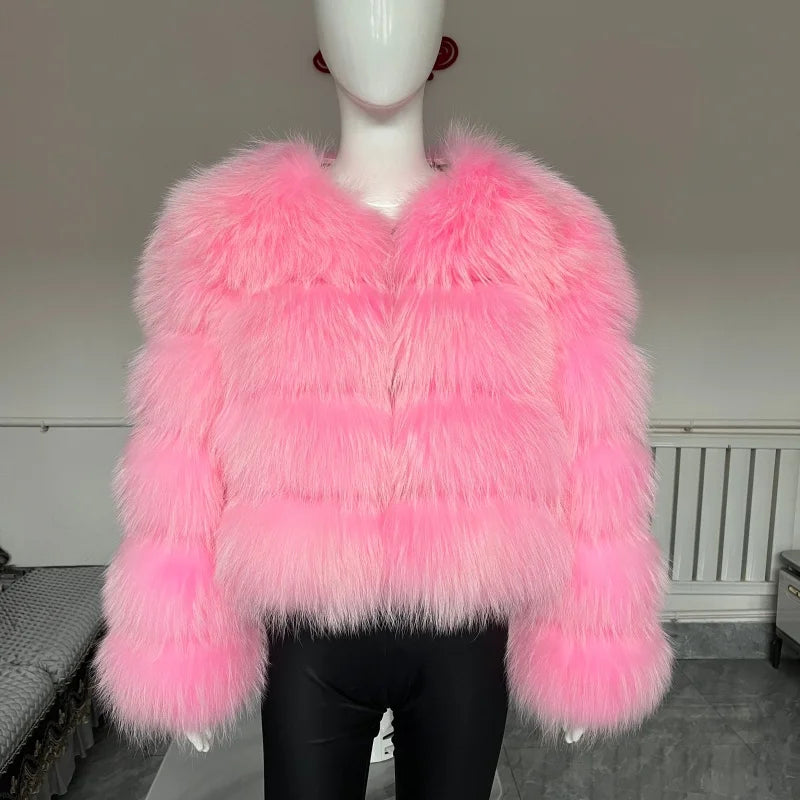 Women's Hooded Raccoon Fur Coat, Turn-Down Collar