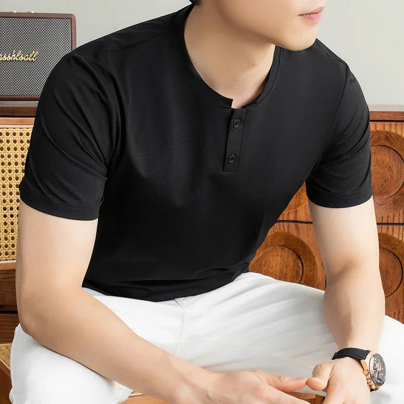 Men's Henley Collar Tee - Soft Knit, Sweat-Wicking Lightweight