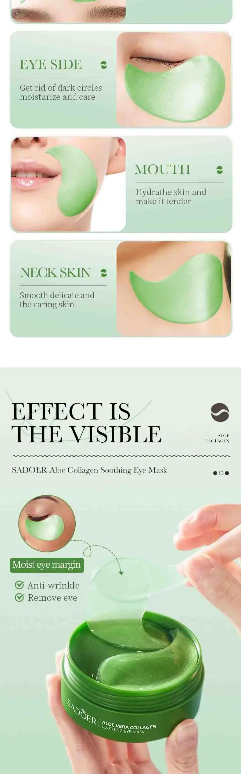 SADOER 60pcs Aloe Vera & Collagen Eye Masks – Anti Dark Circles, Eye Bags & Puffiness | Hydrating & Firming Under-Eye Patches for Women