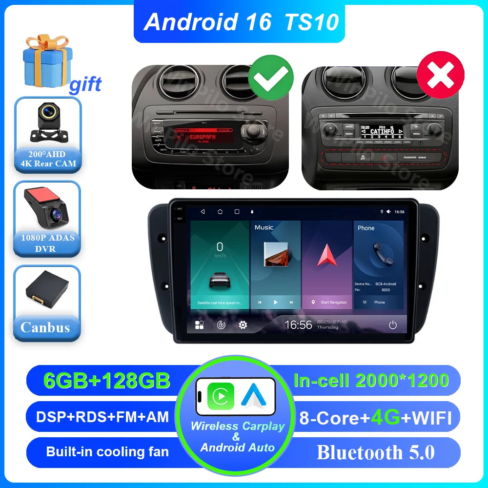 9" Android Car Stereo for Seat Ibiza MK4 6J (2008–2015) — CarPlay, Android Auto, GPS, 4G, WiFi