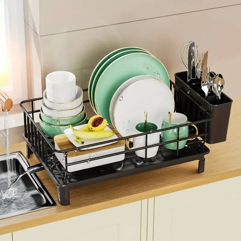 Black Metal Dish Drying Rack with Utensil Holder & Drain Board