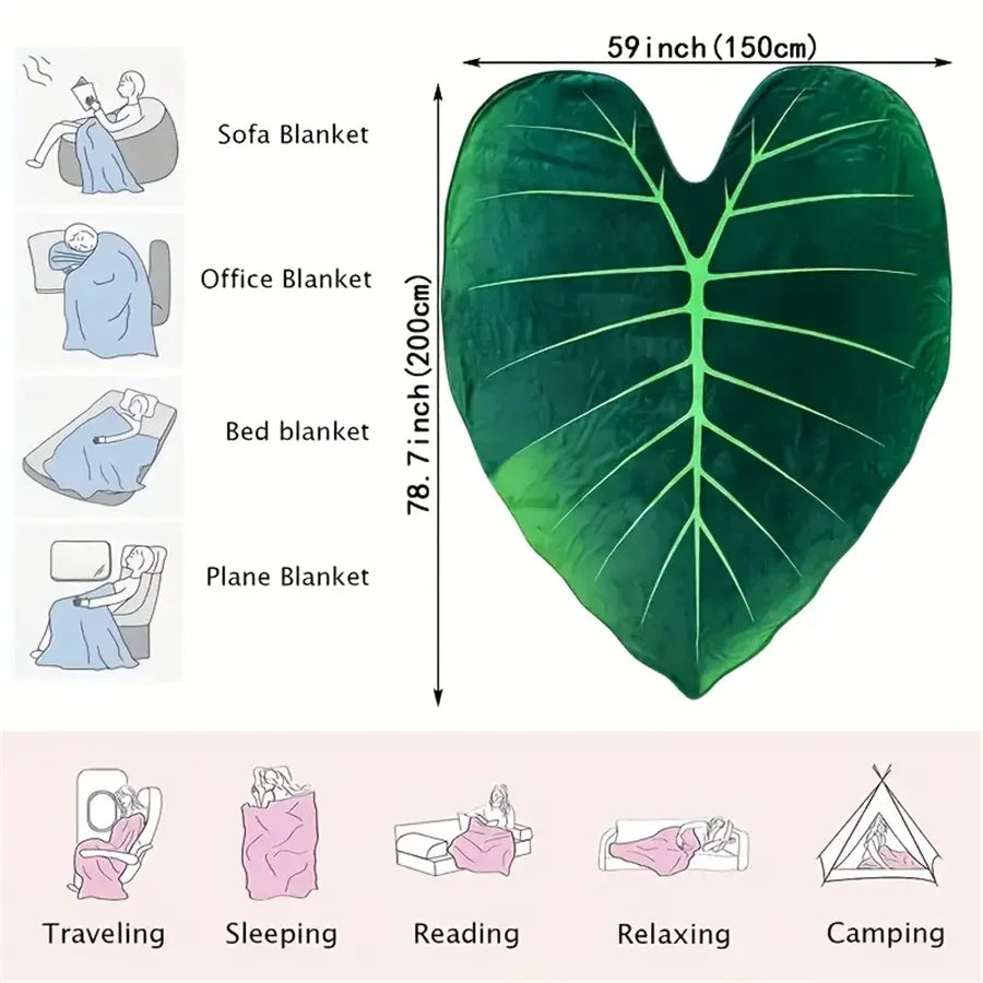 Leaf Shaped Flannel Throw Blanket, Soft Green Bed Blanket
