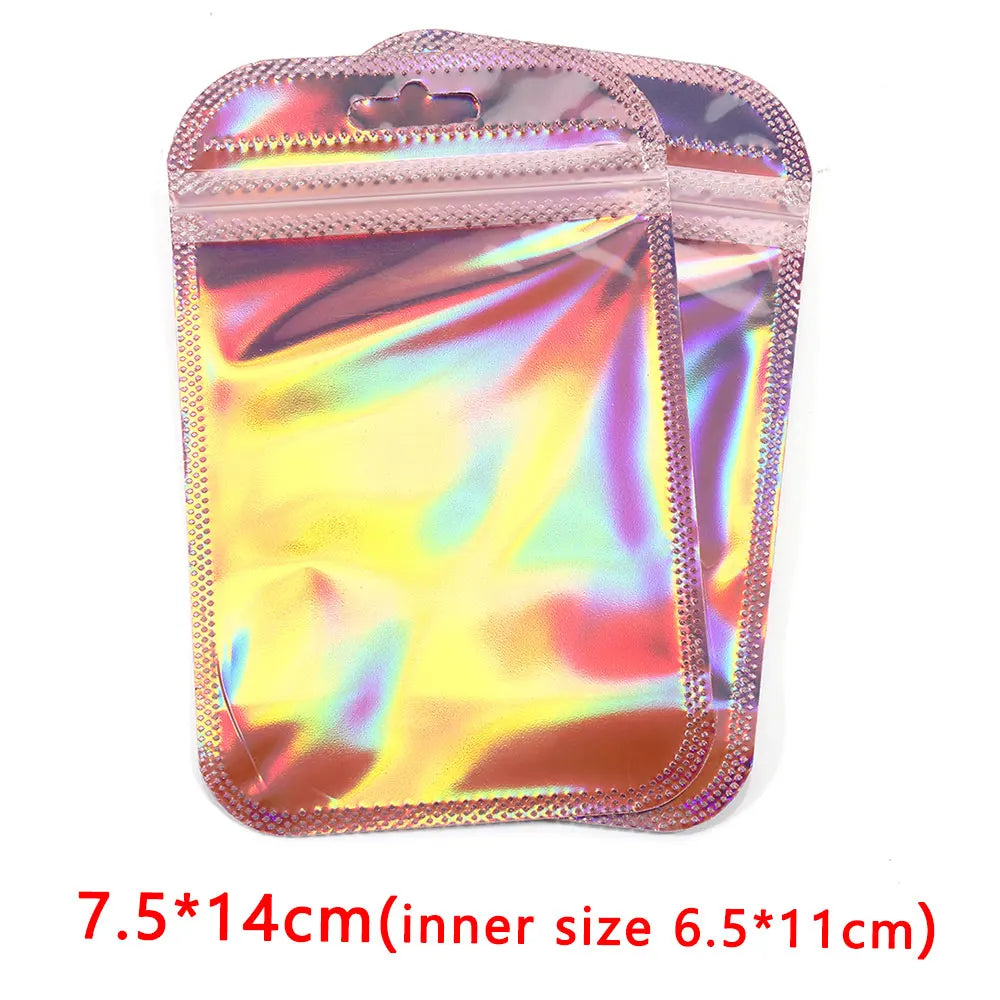50pcs/lot Pink Laser Ziplock Bags Reusable Plastic Transparent Bags for Jewelry Packaging Cosmetic Retail Display Bags