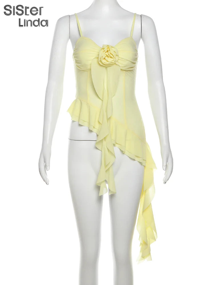 High Quality Women's Sexy Suspender Top Popular In Spring And Summer 2026 Low Cut Backless Yellow Flower Decorated Women's Top