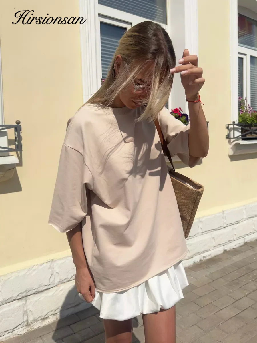 Hirsionsan Summer Casual Oversized T-shirts Women 100% Cotton Pink Loose Tees 2026 New Cusual Solid O Neck Female Aesthetic Tops