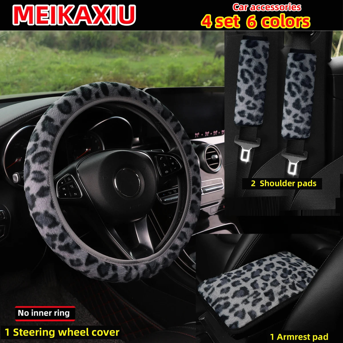 4-Piece Winter Plush Steering Wheel Cover Leopard Print Comfortable Car Rimless Shoulder Cover Armrest Pad Set