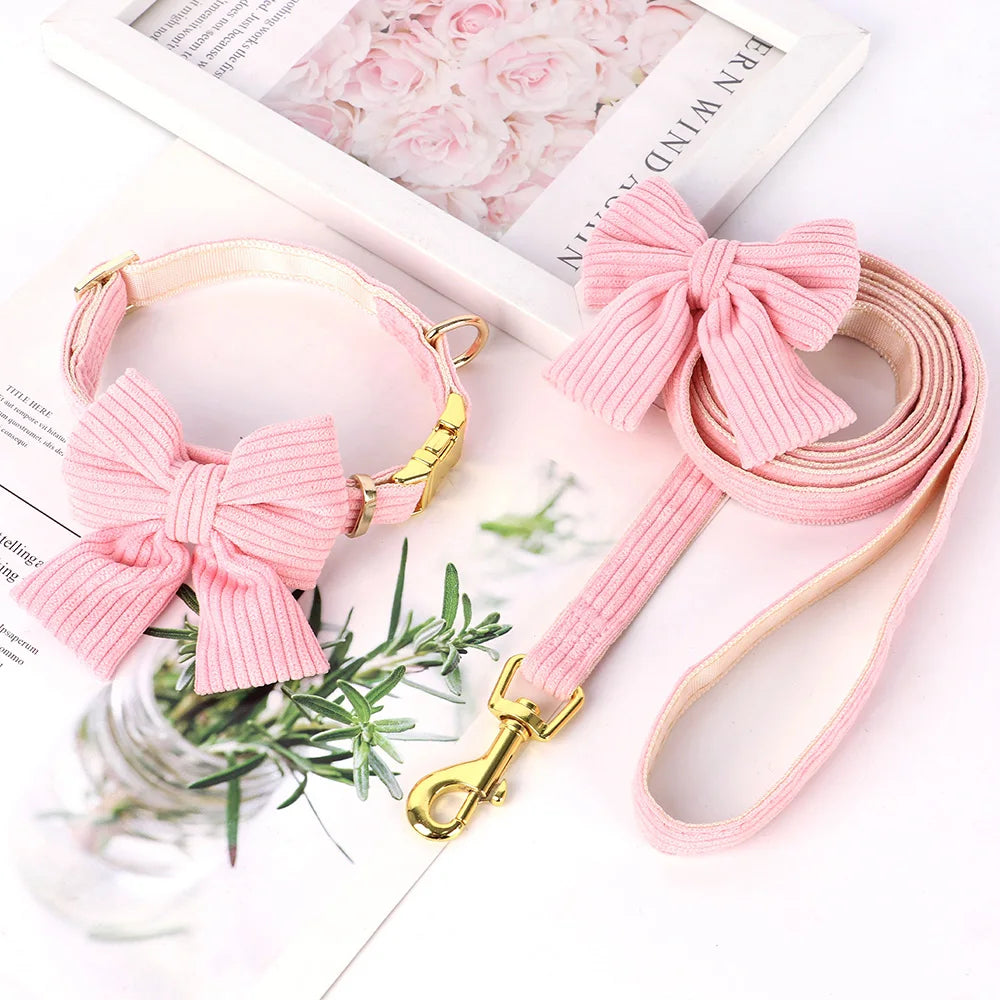 Velvet Bow Dog Collar & Leash Set - Soft Puppy Walking Set - photo 4