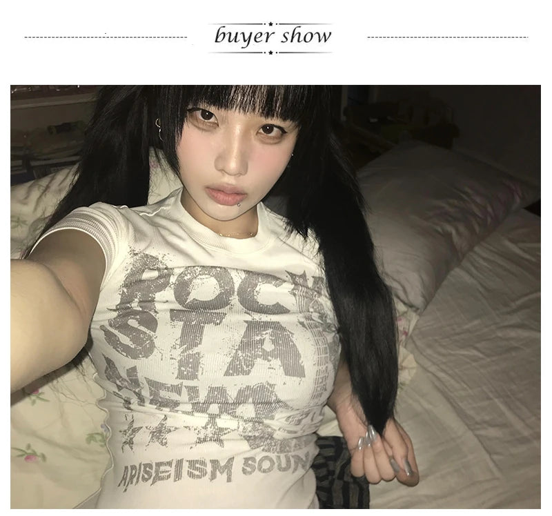 Karrram Japanese Y2k Letter Print T-shirt 2000s Style Short Sleeve Crop Top Vintage Harajuku Ribbed Tee Shirt American Retro 90s