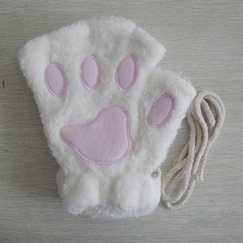Women's Cat Paw Plush Mittens, Fingerless