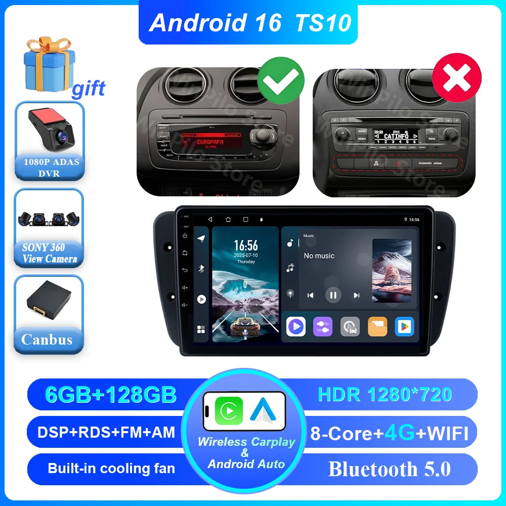 9" Android Car Stereo for Seat Ibiza MK4 6J (2008–2015) — CarPlay, Android Auto, GPS, 4G, WiFi