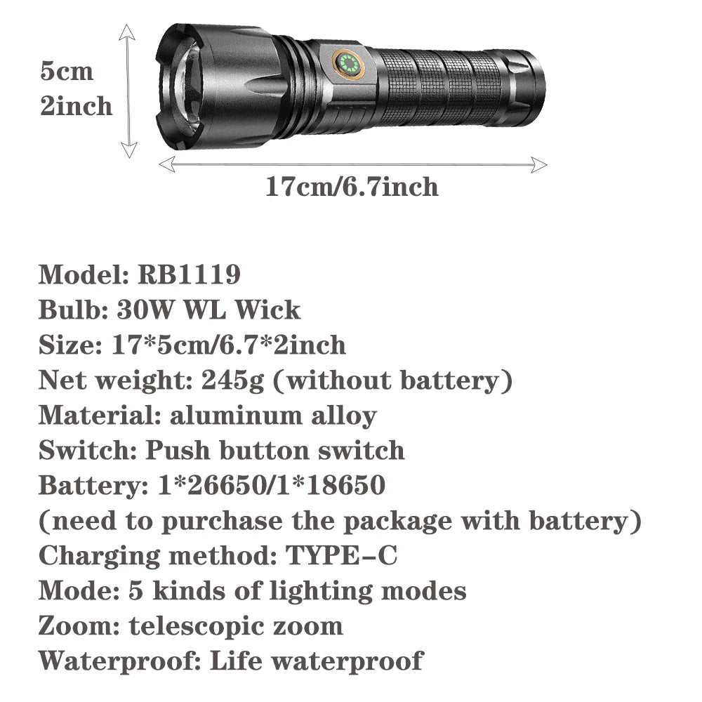 USB Rechargeable 30W High Power LED Flashlight Waterproof 5 Modes Tactical Torch Super Long Shot for Outdoor Camping