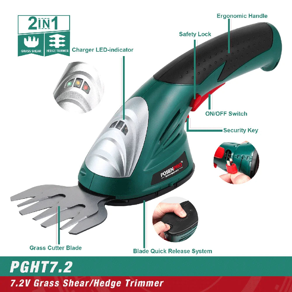 7.2V Cordless 2-in-1 Hedge & Grass Trimmer – Handheld Shrubber with Battery & Charger Included