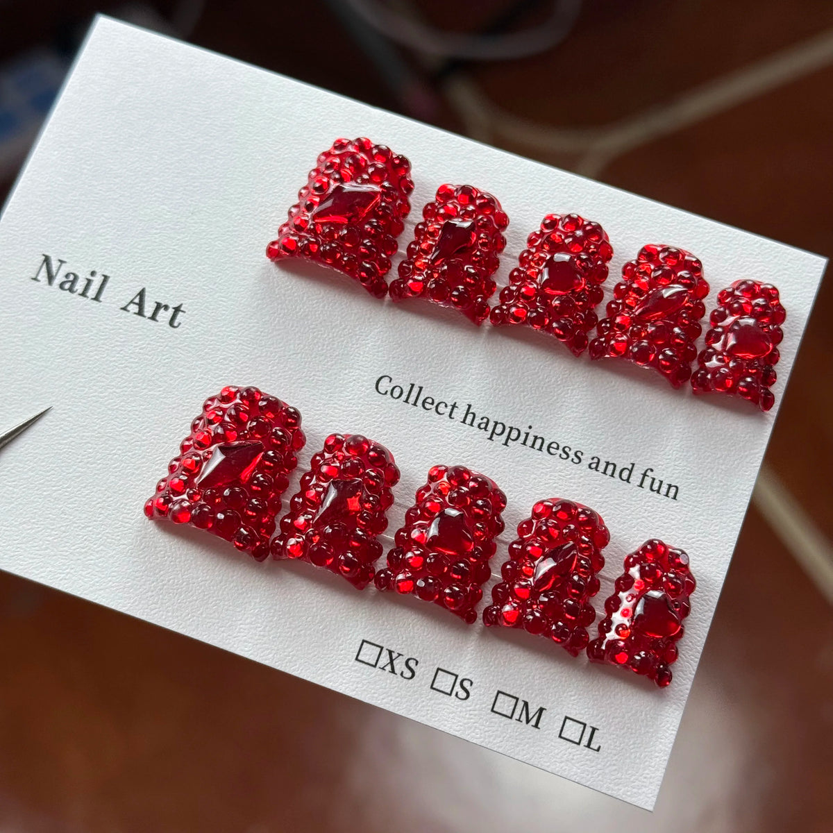 10pcs high-end New Year's edition, handcrafted three-dimensional red sparkling full of diamonds handmade fake nails