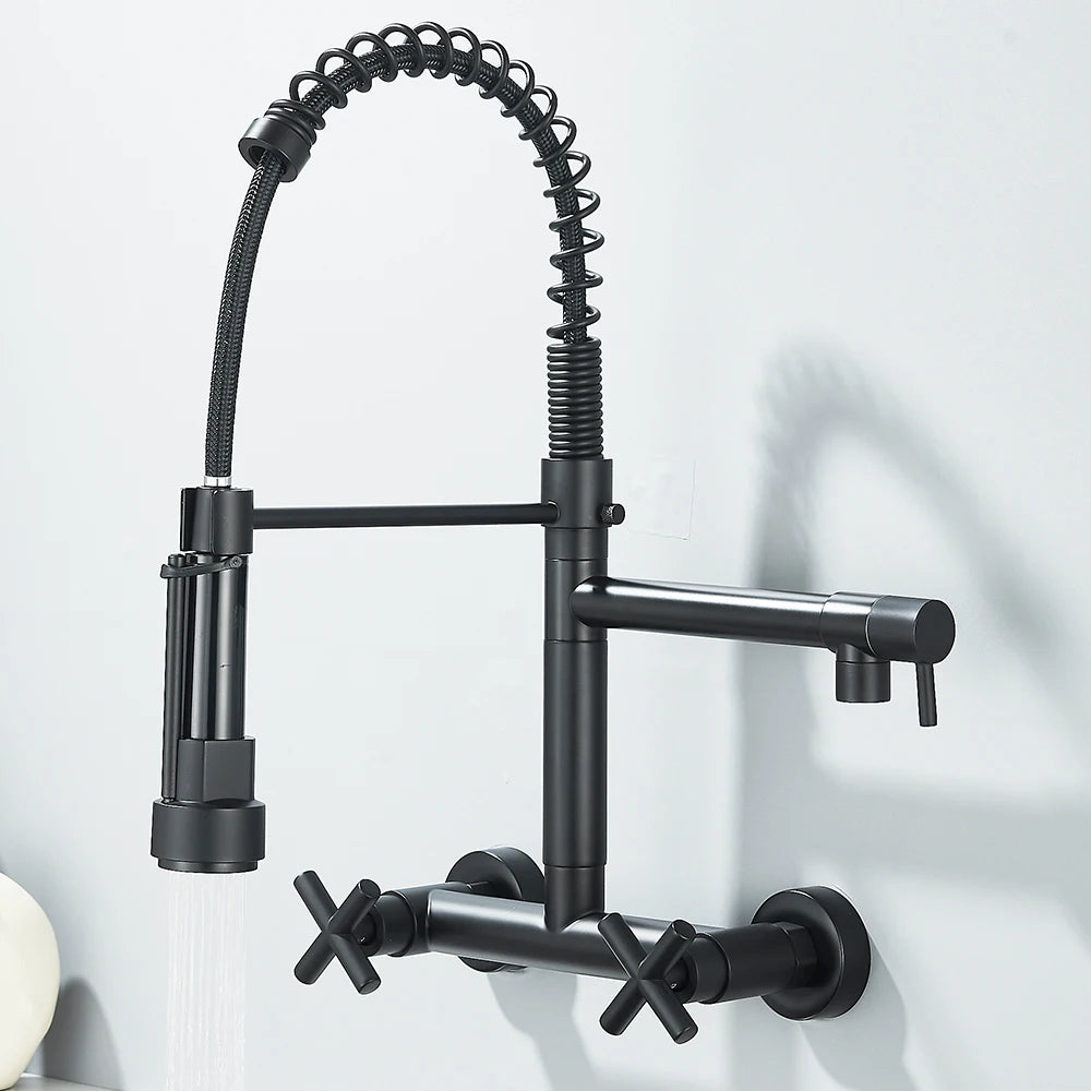 Pull Down Kitchen Faucet Wall Mounted Spring  Hot Cold Water Dual Spouts Kitchen Tap 20cm Distance For Two Holes