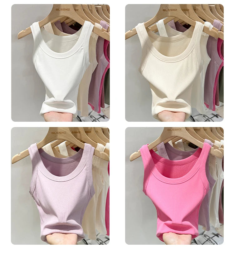 AOSSVIAO Women Solid Round Neck Ribbed Tank Top Camisole Women 2026 Summer Basic Elastic Tank Top O Neck Solid Tank Top