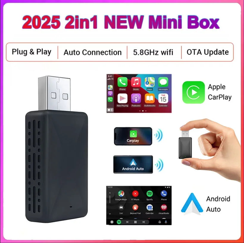 2 in 1 Wireless Carplay Adapter for Apple iOS Android Wi-Fi 6 Bluetooth5.4 Auto Smart USB Plug and Play For Havel Kia Volvo Audi