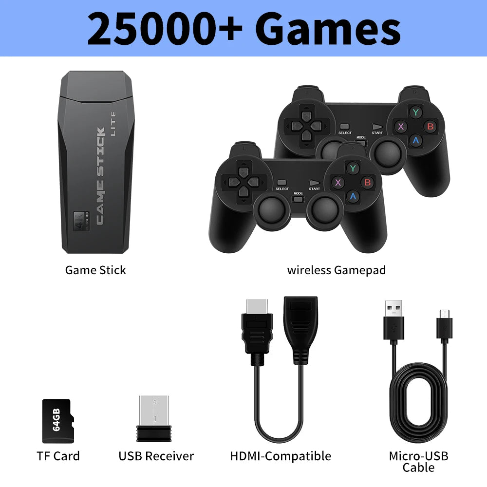 M8 Retro Game Stick – 25,000+ Games, 12 Emulators, 4K HD & 2 Wireless Gamepads | PS1/MAME/FC/SFC