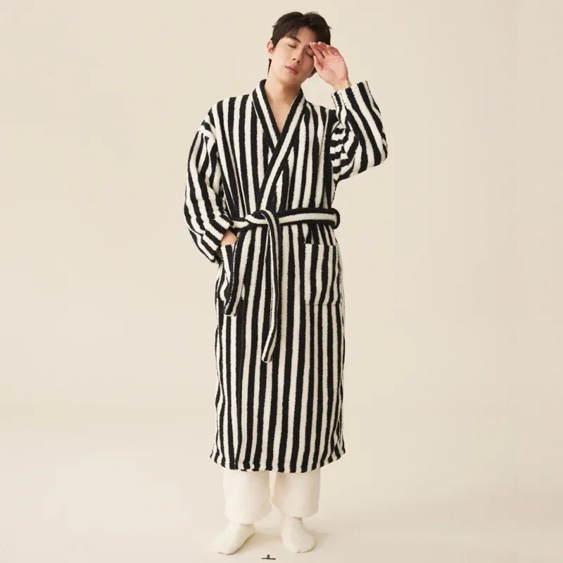 Striped Flannel Robe and Pants Set for Women and Men