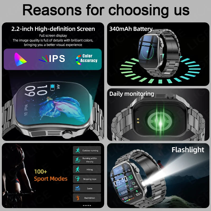 LIGE BWU15 Smart Watch – 2.2" 3D Curved Screen, BT Calling, Heart Rate, Blood Oxygen & 100+ Sports Modes | IP67