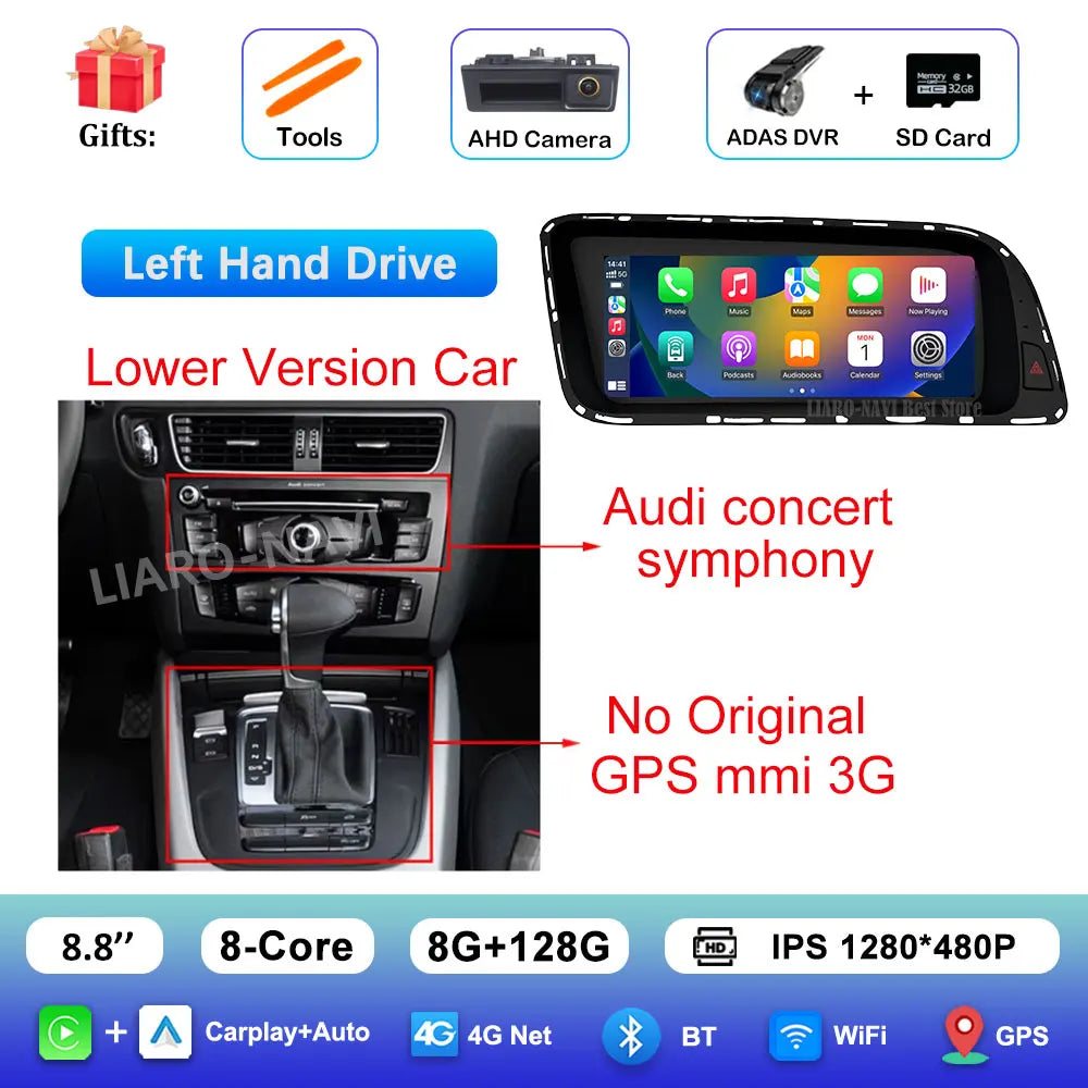 Android 16 for Audi Q5 2026 - 2026 HD Screen Car Radio Video Multimedia Player 8.8 inch BT 4G Carplay DSP Stereo WiFi Auto Tools