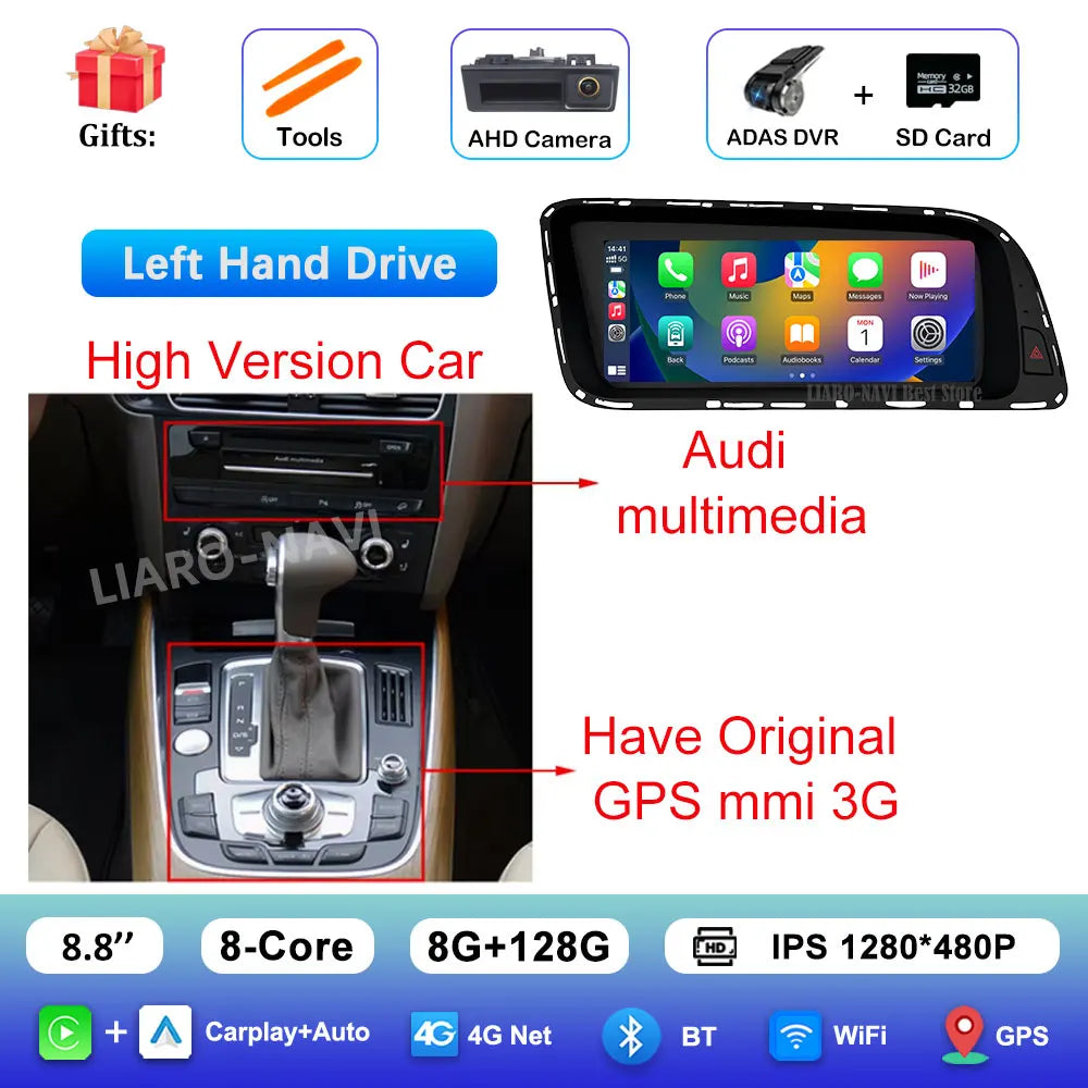 Android 16 for Audi Q5 2026 - 2026 HD Screen Car Radio Video Multimedia Player 8.8 inch BT 4G Carplay DSP Stereo WiFi Auto Tools