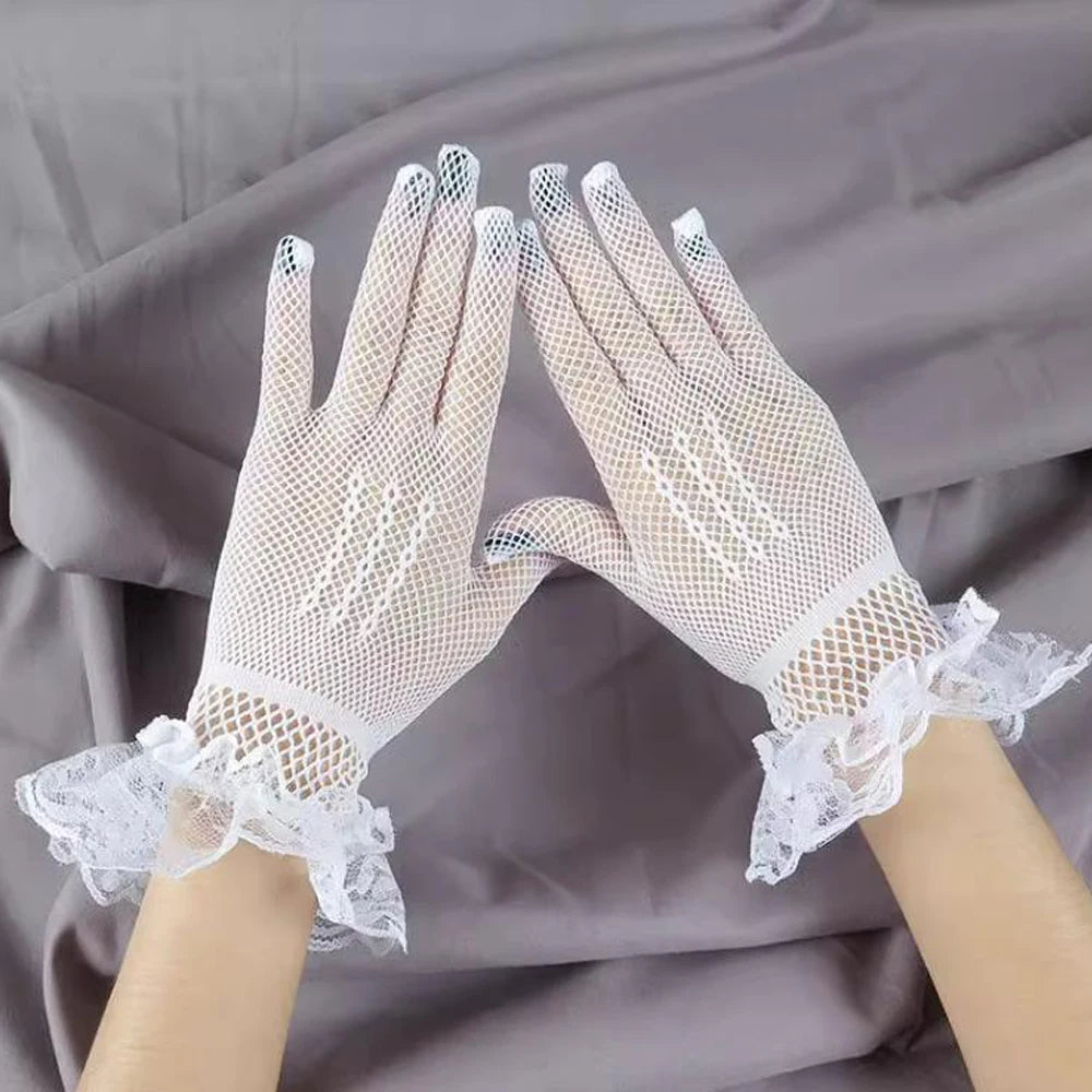 Girls Lolita Lace Hollow Out Gloves Women Ceremony Etiquette Mesh Thin Mittens Gothic Punk Sexy Glove Black White Soft Elastic