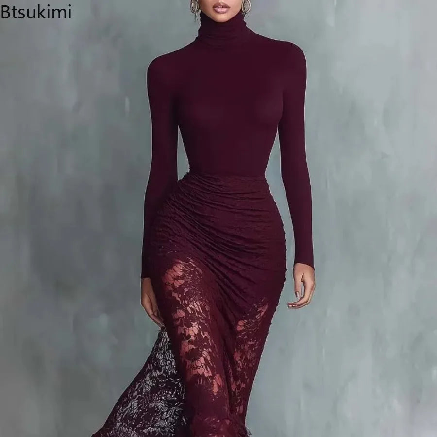 New Women's Turtleneck Long Sleeve Slim Lace Patchwork Dress Ruched Mermaid Elegant Long Sleeve Evening Gown Maxi Dresses Female