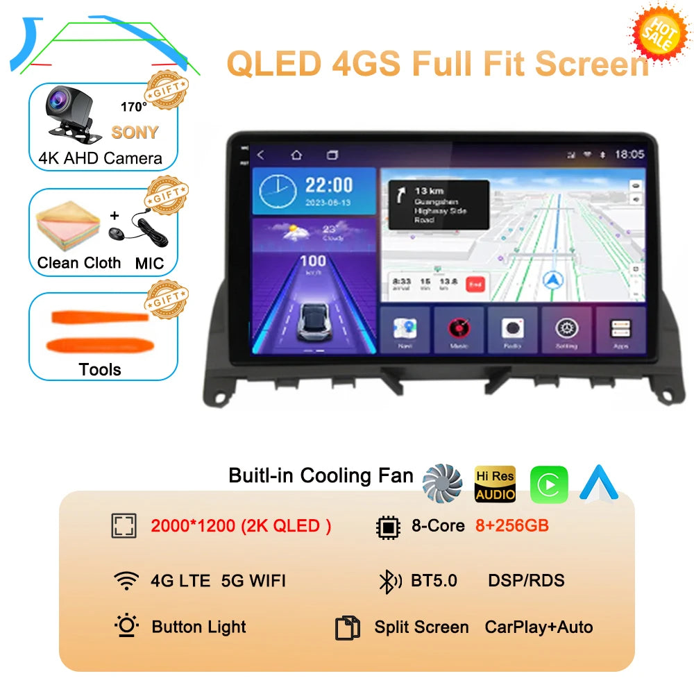 9" Android Car Stereo for Mercedes-Benz C-Class W204 S204 (2006–2011) — CarPlay, QLED, 4G, GPS