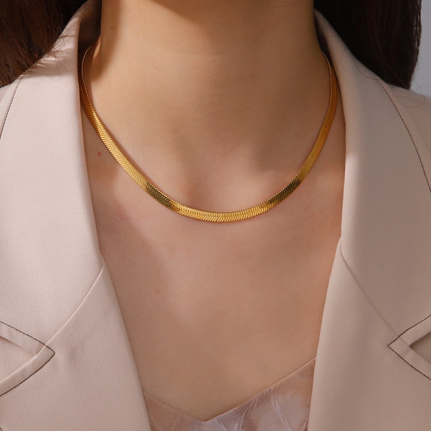 Stainless Steel Snake Chain Necklace — Gold & Silver Herringbone Choker for Women and Men