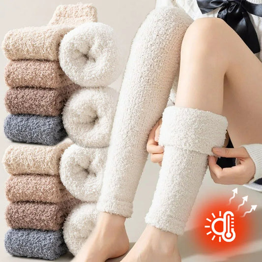Women's Striped Coral Fleece Leg Warmers, Over the Knee