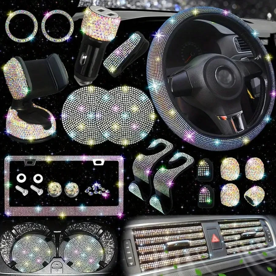 Artificial Diamond Car Steering Wheel Decoration Set Pink Artificial Diamond Steering Wheel Protective Cover, New Fashion Cute Goddess Steering Wheel Cover Set,Car Acessesories Women