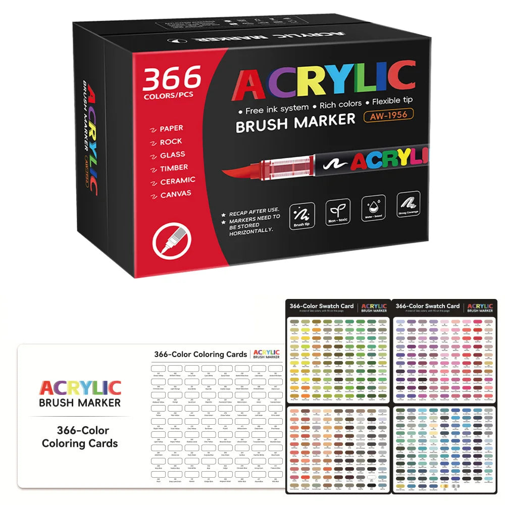 12-366 Colors Acrylic Painting Marker Waterproof Acrylic Brush Marker Professional Acrylic Marker Set DIY Coloring Art Supplies