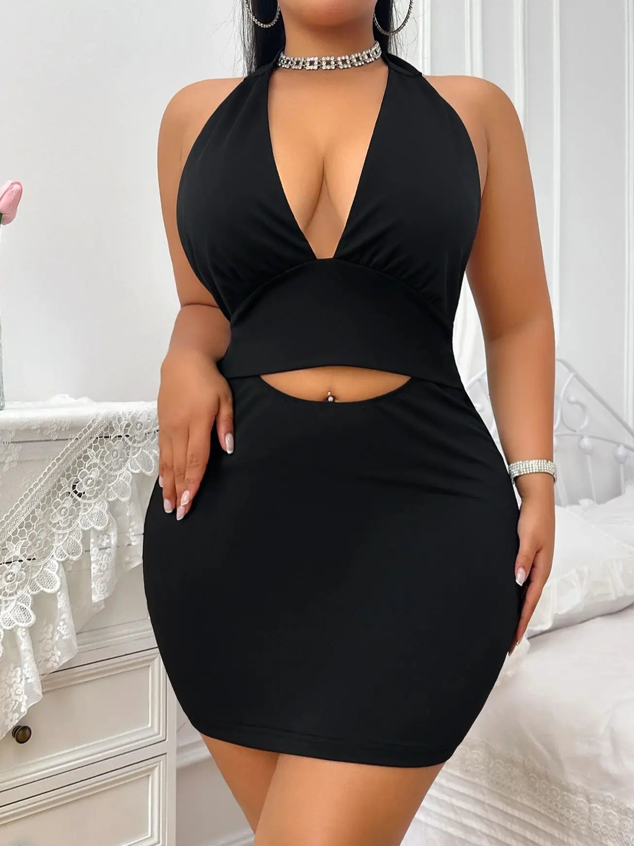 Women's sexy deep V-neck backless halter top women's spicy slim fit dress