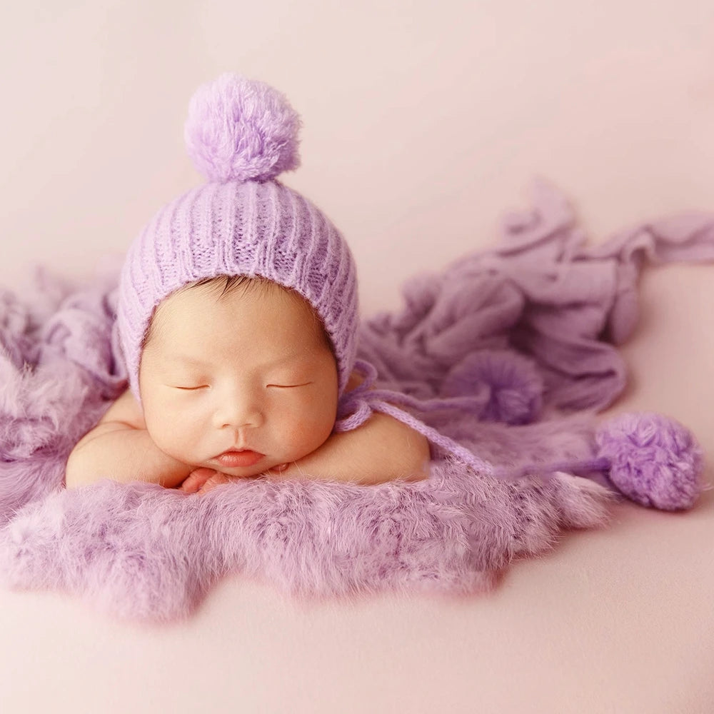 Newborn Pixie Pom Pom Bonnet - Knit Baby Photo Prop Hat - photo 2