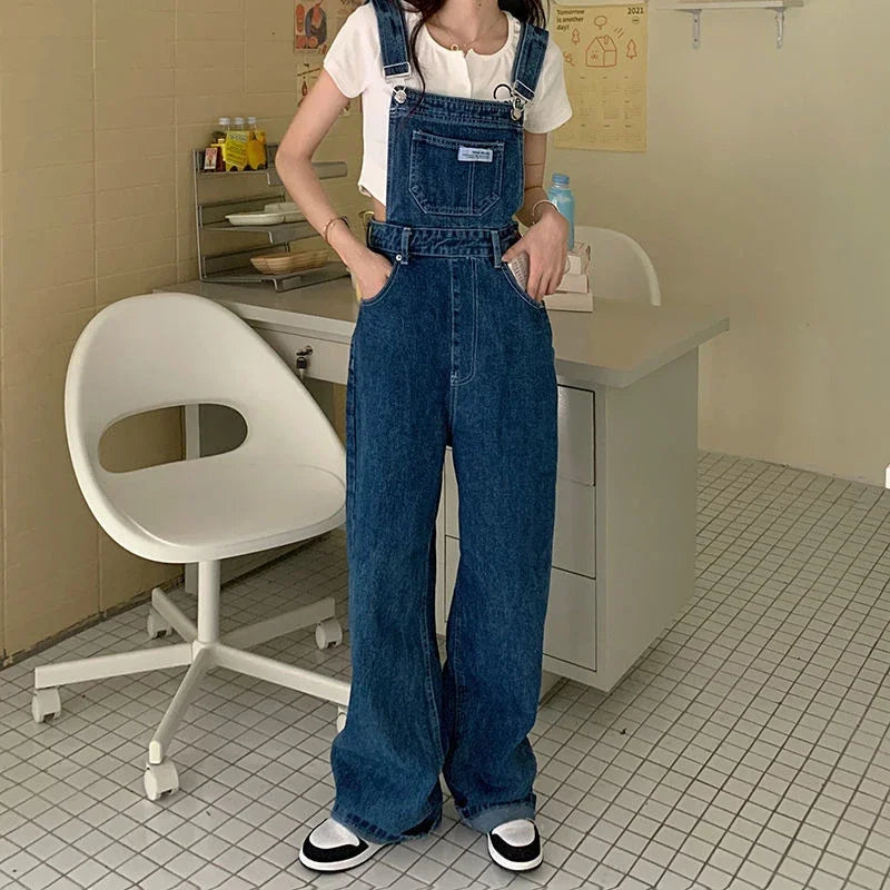 New Summer Fashion Denim Jumpsuits for Women Wide Leg Jeans Overalls Korean Baggy Suspender Pants Korean Streetwear Trousers